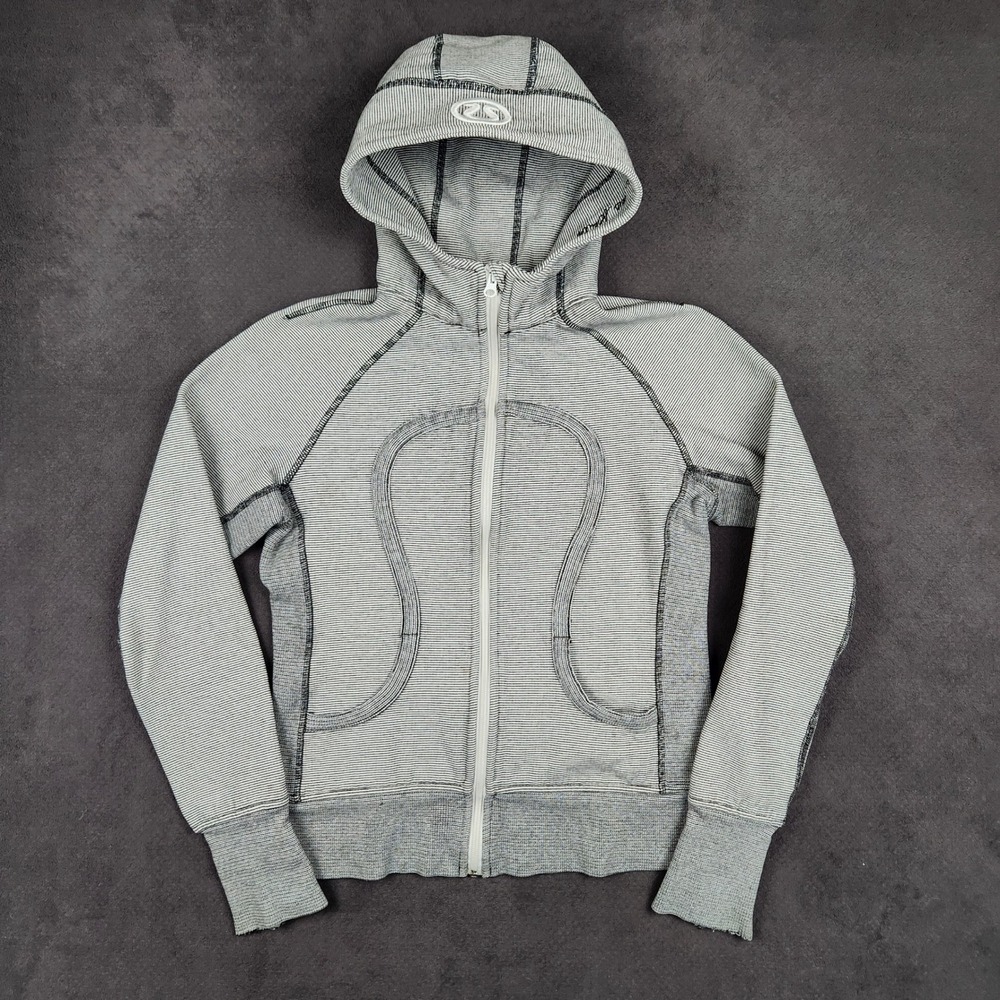 Lululemon Scuba Hoodie Womens 8 Gray White Stripe Full Zip Thumbhole Heavyweight